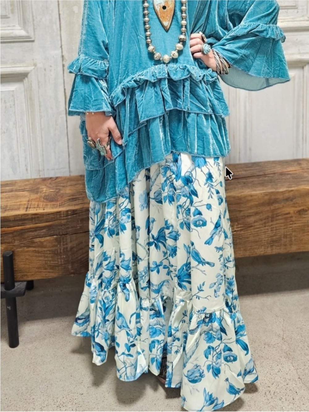A Rare Bird Tropical Print Stretch Waist Wide Leg Ruffle Pants Boho M L O/S - Picture 2 of 8